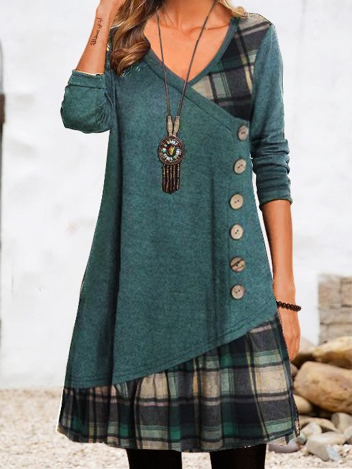 V Neck Geometric Casual Daily Long sleeve A-Line Buttoned Midi Dress  WT118 - fabuloryshop