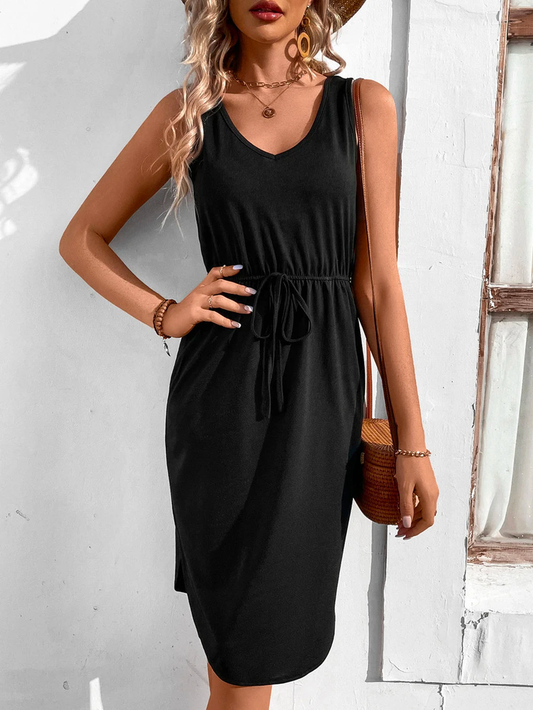 Plain Crew Neck Loose Casual Solid Drawstring Waist Tank Dress  QT39 - fabuloryshop