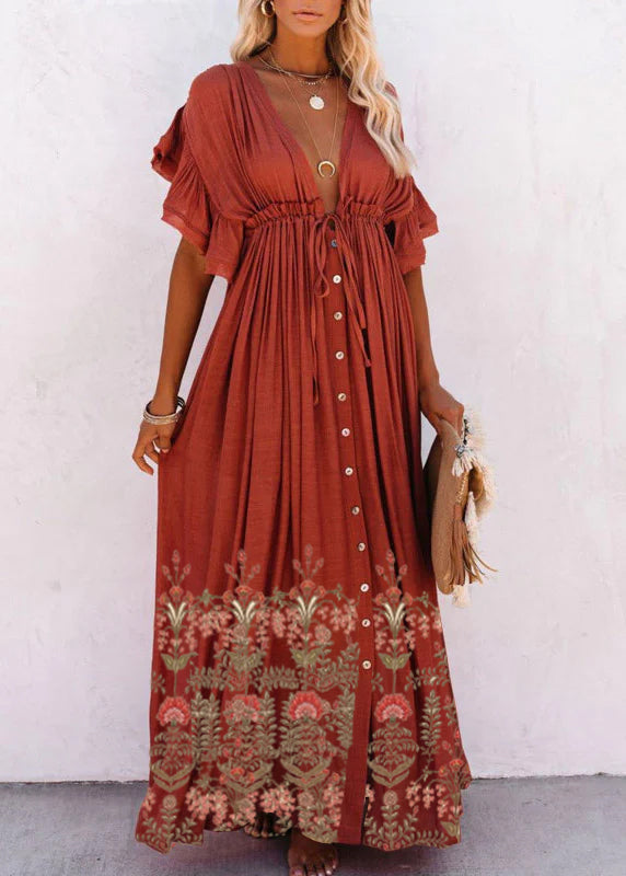 Red V Neck Button Maxi Dresses Short Sleeve LY3015 - fabuloryshop