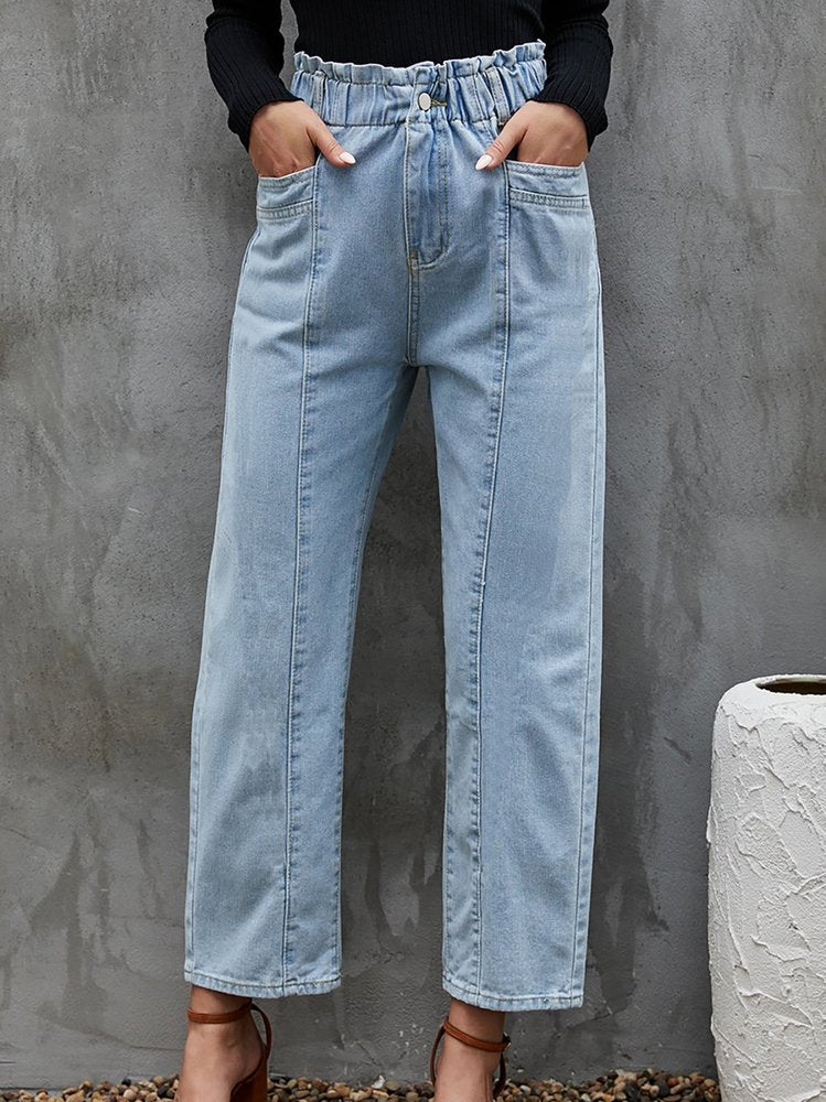 Blue Solid Casual Elastic Waist Straight Leg Jeans  QS61 - fabuloryshop