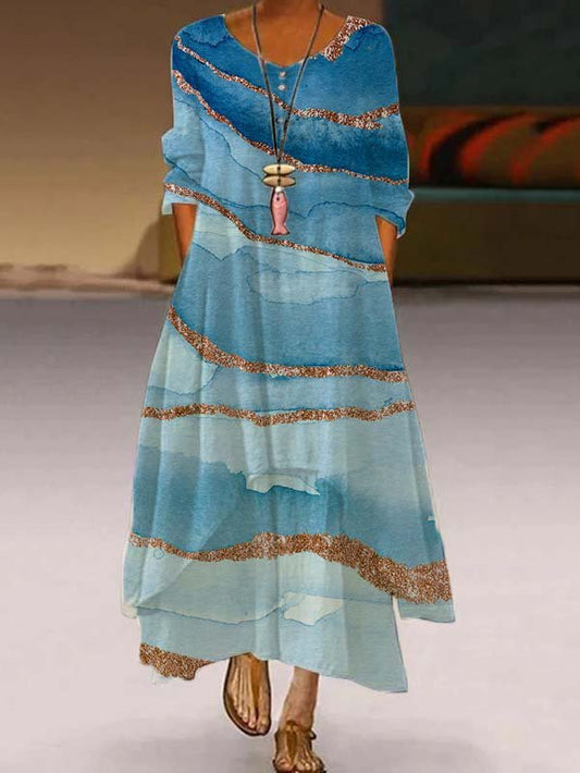 3/4 Sleeve Cotton-Blend Printed Casual Weaving Dress  WF67 - fabuloryshop