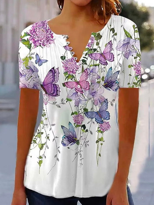 Vacation Floral V Neck Loose T-Shirt  WG114 - fabuloryshop