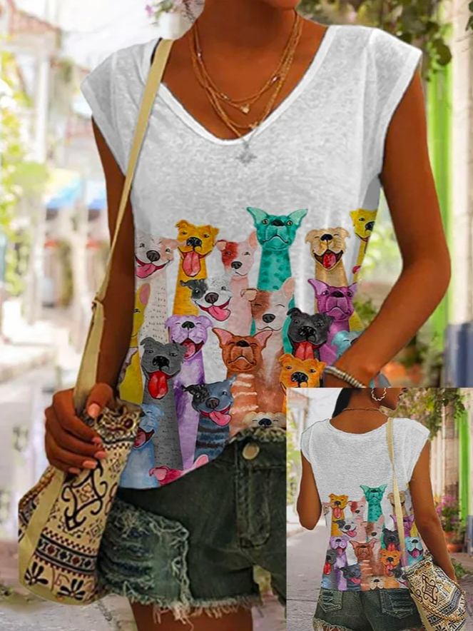 Casual V Neck Women&#x27;s Cute Dogs Print Sleeveless Tee  WG105 - fabuloryshop