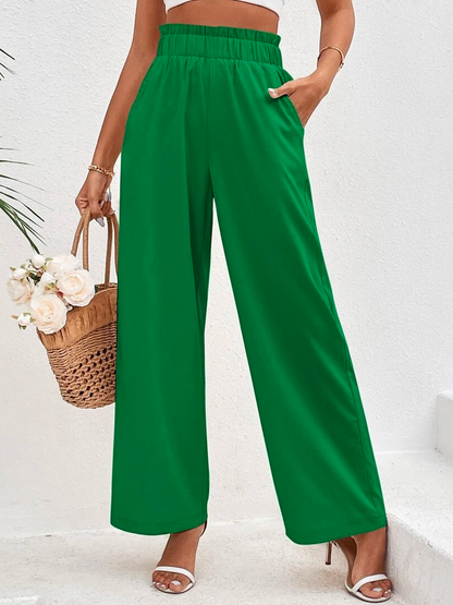 Cotton Casual Plain Paperbag Waist Wide Leg Pants  WX96 - fabuloryshop