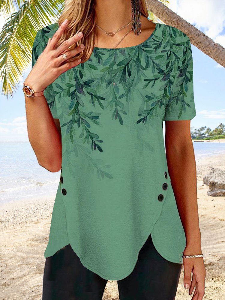 JFN Women Round Neck Short Sleeve Leaf Print Buttoned Holiday Tunic T-Shirt  cc181