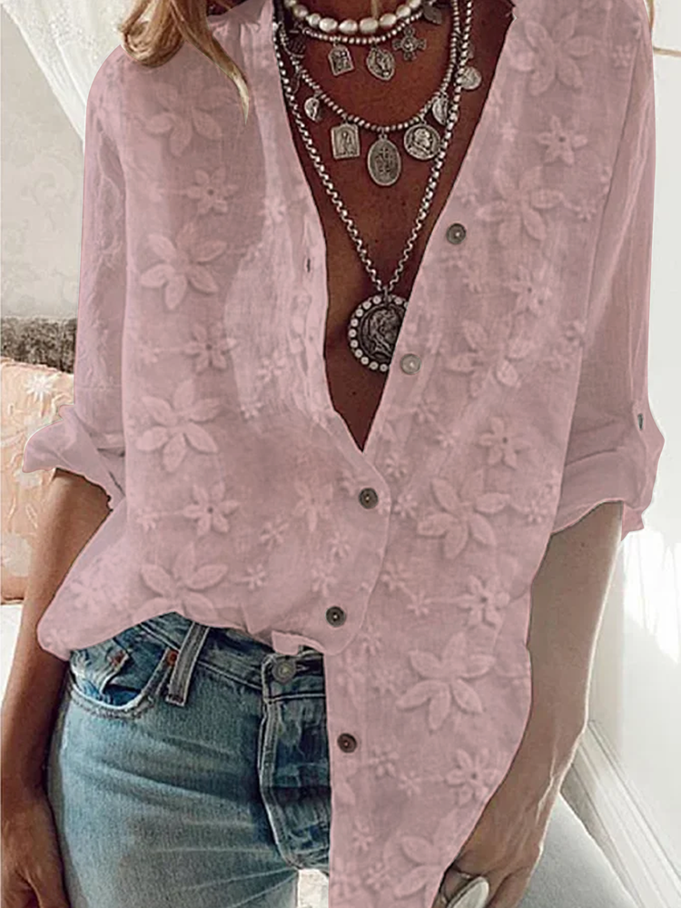 Women&#x27;s Lace Stitching Cotton Linen Long Sleeve Shirt  mm299 - fabuloryshop