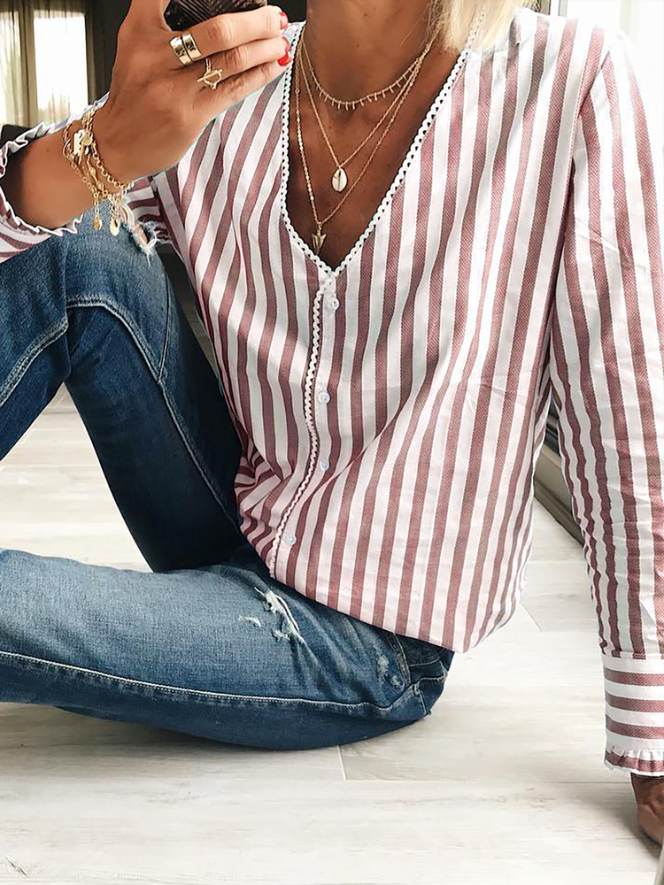 Striped V Neck Loose Casual Blouse  QR116