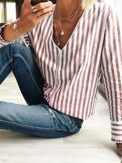 Striped V Neck Loose Casual Blouse  QR116 - fabuloryshop