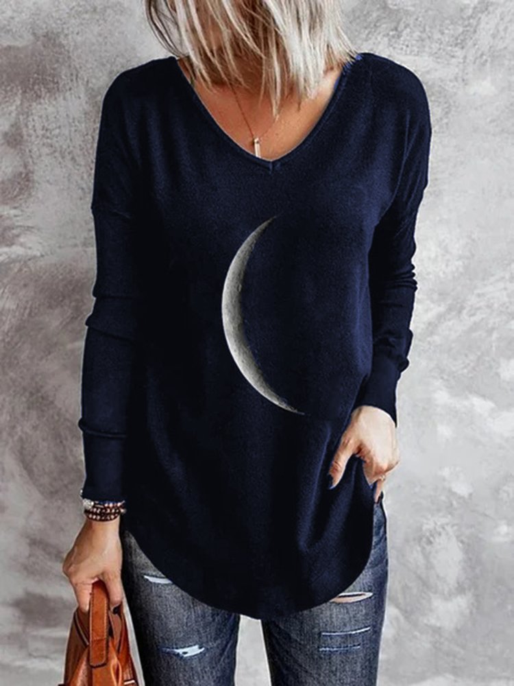 Moon Printed V Neck Casual Long Sleeve Shift Top  QH117 - fabuloryshop