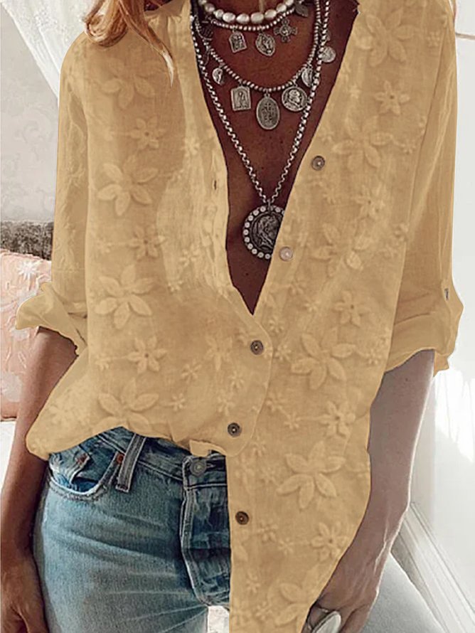 Women&#x27;s Lace Stitching Cotton Linen Long Sleeve Shirt  mm299 - fabuloryshop