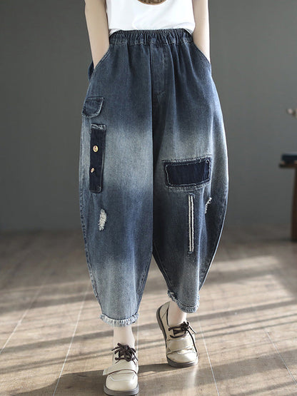 Vintage Hollow Elasticity Applique Denim Ninth Pants LY3921 - fabuloryshop