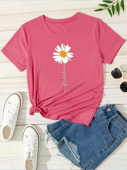 Crew Neck Floral Vacation Loose Floral &amp; Letter Graphic T-Shirt  cc180 - fabuloryshop