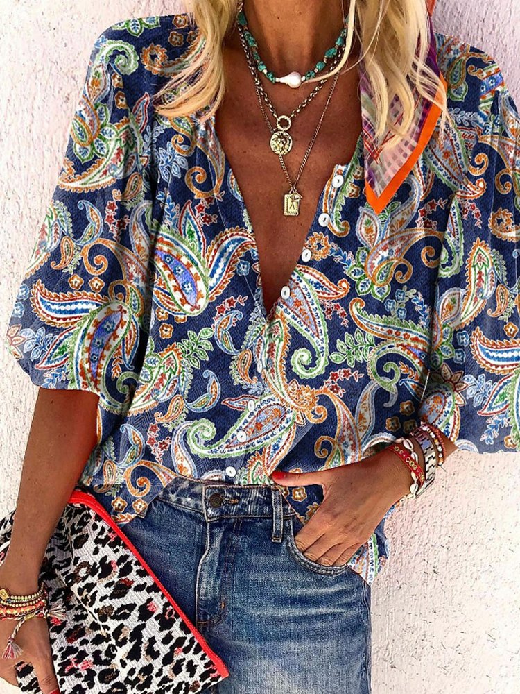 Stand Collar Cashew Flowers Printed Casual Loose Blouse  QX68 - fabuloryshop