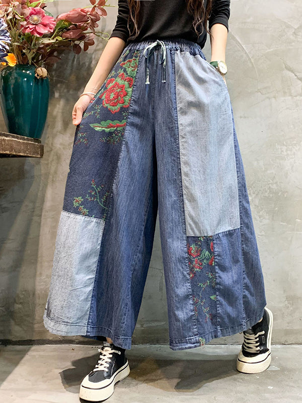 Color-Block Bandage Embroidered Wide Leg Denim Pants LY3924 - fabuloryshop