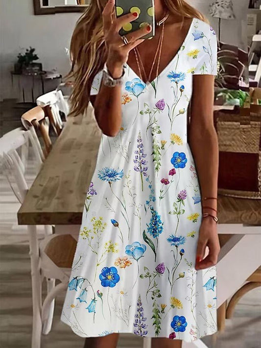 V Neck Casual Floral Cotton Dress  QM66 - fabuloryshop