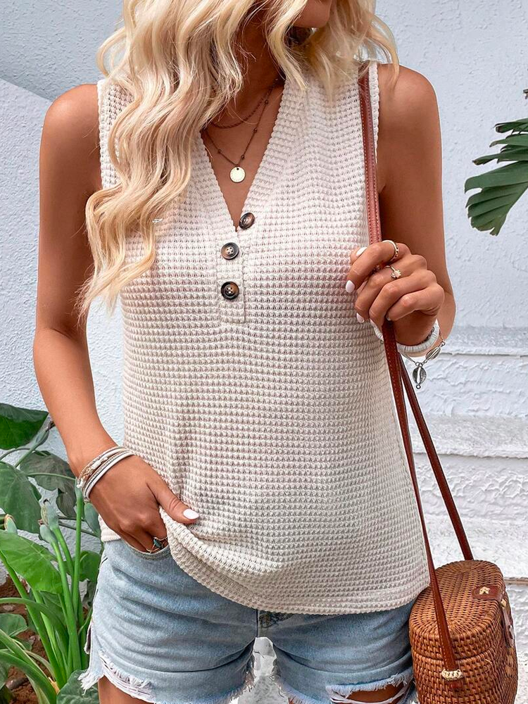 Loose V Neck Casual Buttoned Half Button Waffle Knit Tank Top  WW100 - fabuloryshop
