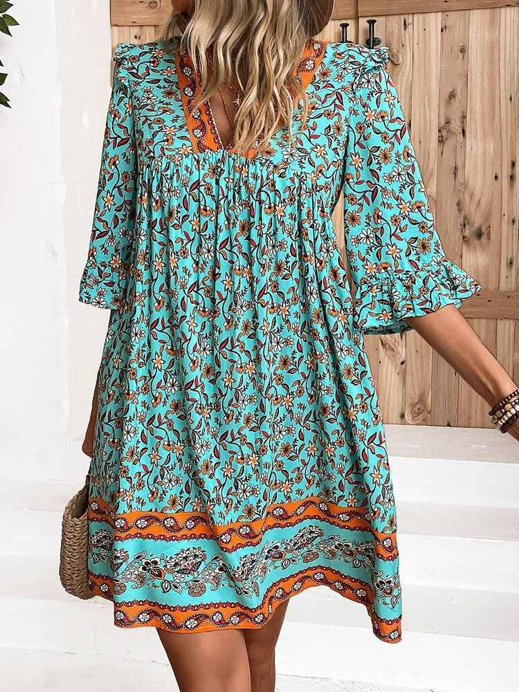 Floral Vacation V Neck Loose Dress  QM120 - fabuloryshop