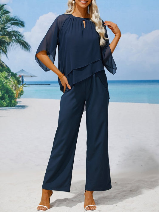 Plain Elegant Crew Neck Loose Urban Two-Piece Set  QF83 - fabuloryshop