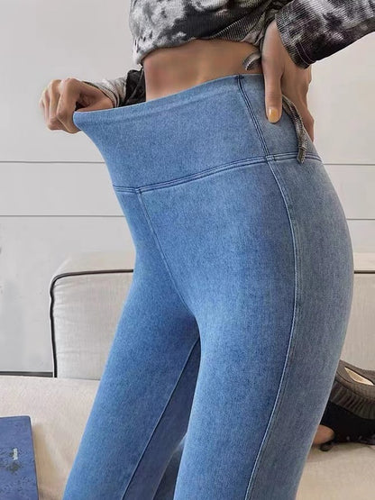 High Waist Elastic Plain Washed Denim Leggings  QK102 - fabuloryshop