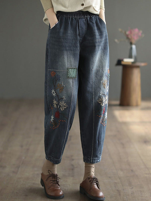 Casual Loose Embroidered Elasticity Harem Denim Pants LY3970 - fabuloryshop