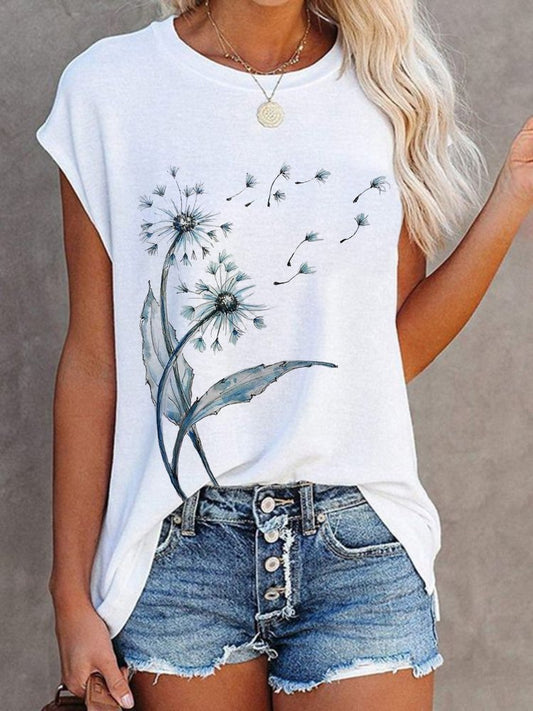 Casual Dandelion Short Sleeve Round Neck Printed Top T-Shirt  WZ115 - fabuloryshop