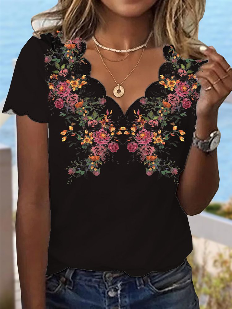Casual Floral Jersey Lace Collar Shirt  WG63 - fabuloryshop
