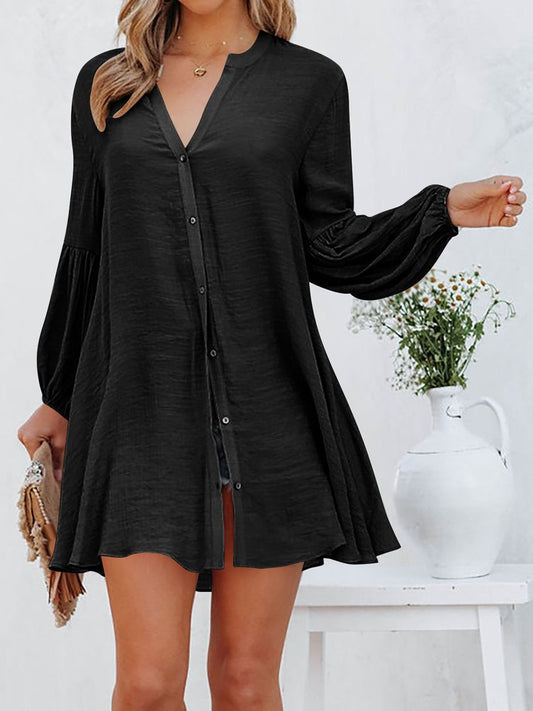 Loose V Neck Lantern Sleeve Urban Dress With No  WE84 - fabuloryshop