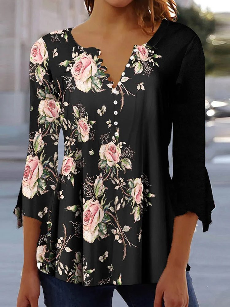 Floral Casual V Neck Loose Shirt  QX61 - fabuloryshop