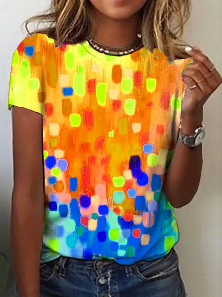 Crew Neck Casual Ombre Loose Rainbow Dot Short Sleeve T-Shirt  cc193 - fabuloryshop