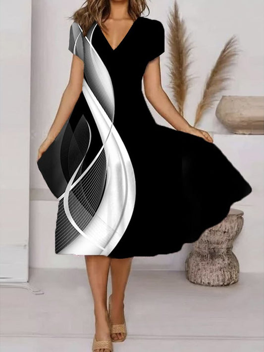 Regular Fit Black And White Colorblock V Neck Casual Dress  QPQ99 - fabuloryshop