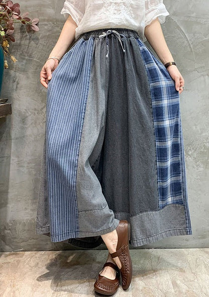 Casual Drawstring Elasticity Plaid Split-Joint Ninth Denim Pants LY3920 - fabuloryshop