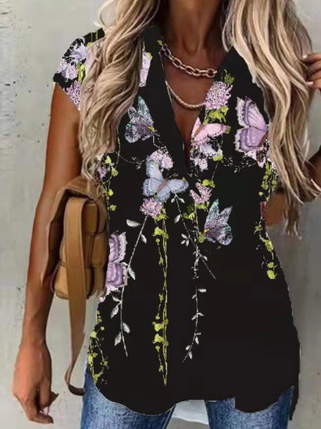 Women&#x27;s Casual Floral Printed Vacation Short Sleeve Blouse  mm289 - fabuloryshop