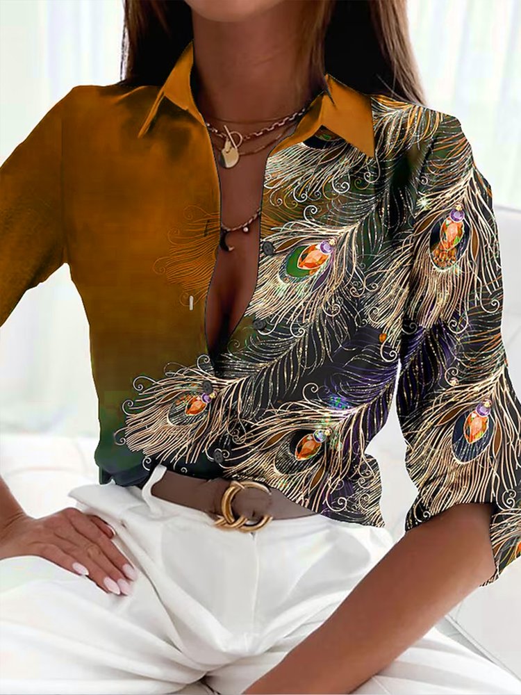 Casual Shirt Collar Feather Pattern Blouse  WZ83