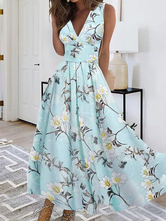 Elegant Loose Floral V Neck Dress  QM80 - fabuloryshop