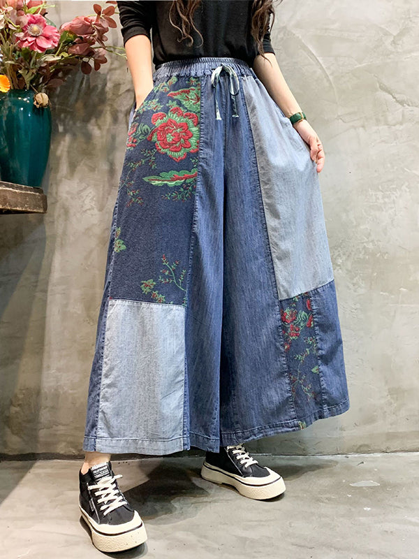 Color-Block Bandage Embroidered Wide Leg Denim Pants LY3924 - fabuloryshop