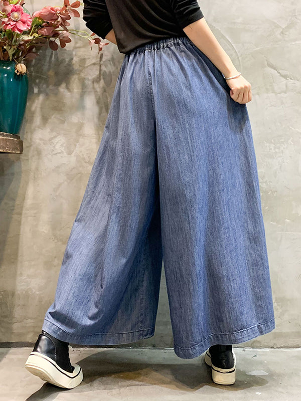 Color-Block Bandage Embroidered Wide Leg Denim Pants LY3924 - fabuloryshop