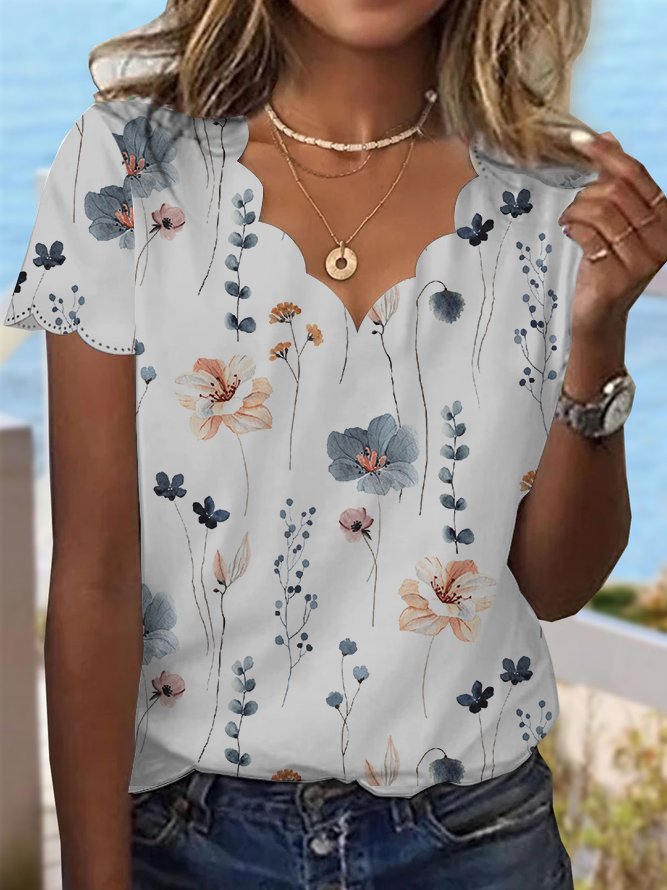 Summer Dessert Shell Neck Floral Design T-Shirt  cc187