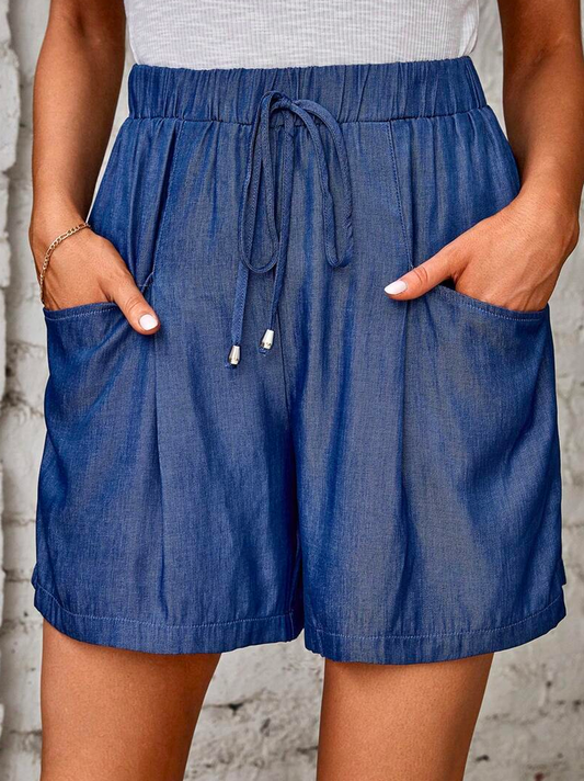Denim Blue Casual Plain Loose Dual Pocket Knot Front Shorts  WX102