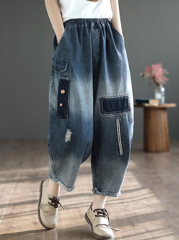 Vintage Hollow Elasticity Applique Denim Ninth Pants LY3921 - fabuloryshop