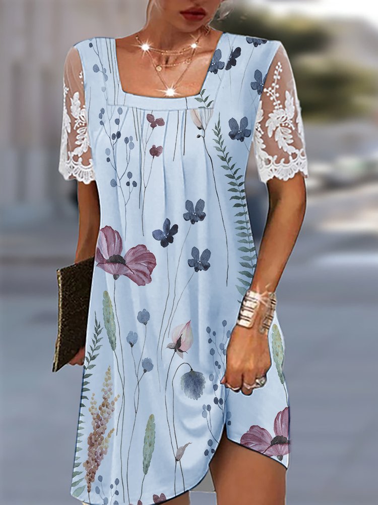 Square Neck Lace Casual Floral Loose Dress  WL110 - fabuloryshop