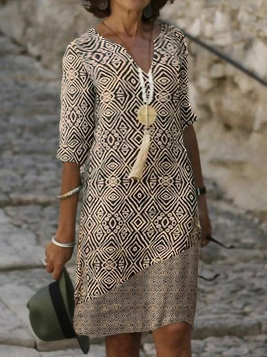 Tribal Geometric Printed Boho Loosen V Neck Short Sleeve Midi Woven Dress  WE98 - fabuloryshop