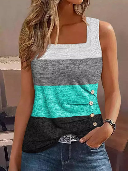 Buckle Loose Casual Color-block Square Neck Tank Top  WU101 - fabuloryshop