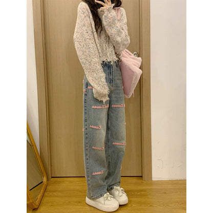 Retro Pink Embroidery Jeans LY4175 - fabuloryshop