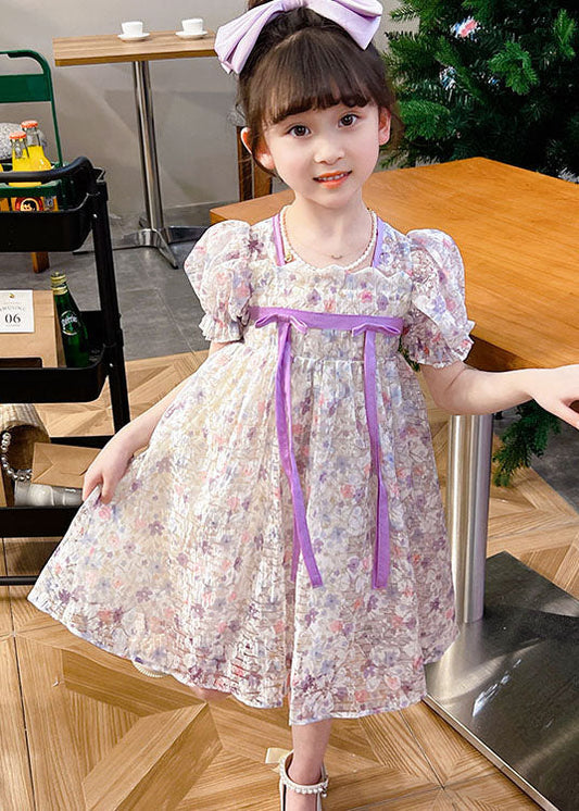 light Purple Print Patchwork Tulle Baby Girls Dress Wrinkled Summer Ada Fashion