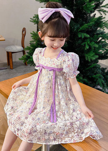 light Purple Print Patchwork Tulle Baby Girls Dress Wrinkled Summer Ada Fashion