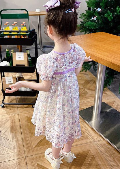 light Purple Print Patchwork Tulle Baby Girls Dress Wrinkled Summer Ada Fashion