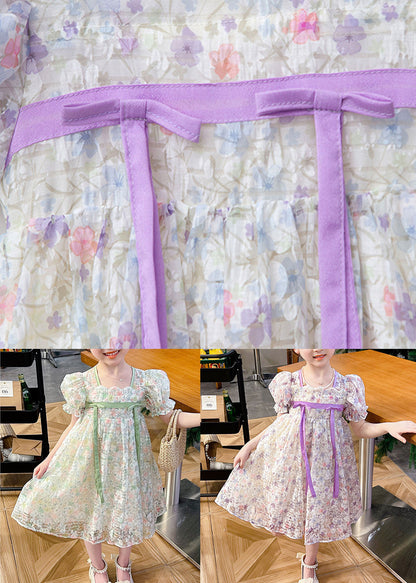 light Purple Print Patchwork Tulle Baby Girls Dress Wrinkled Summer Ada Fashion