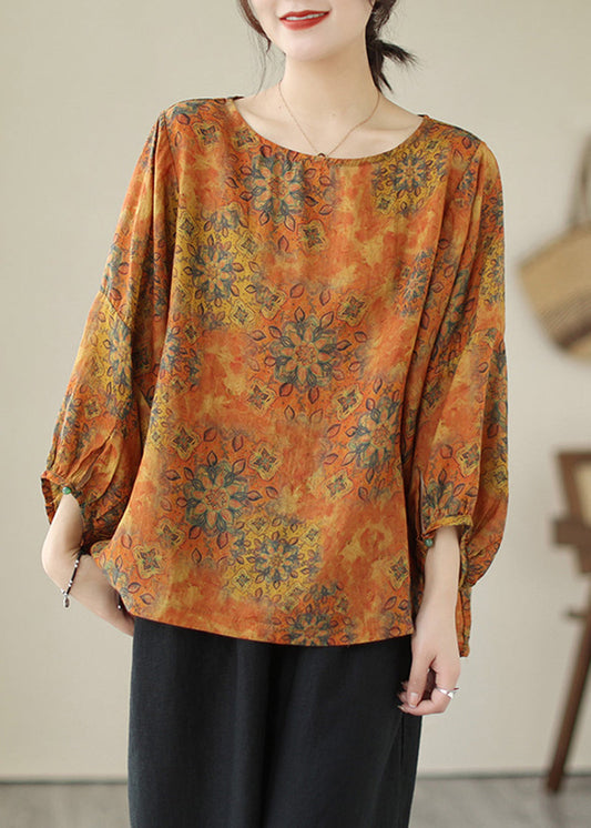 lus Size Orange Oversized Print Cotton Shirt Tops Lantern Sleeve LY5294 - fabuloryshop