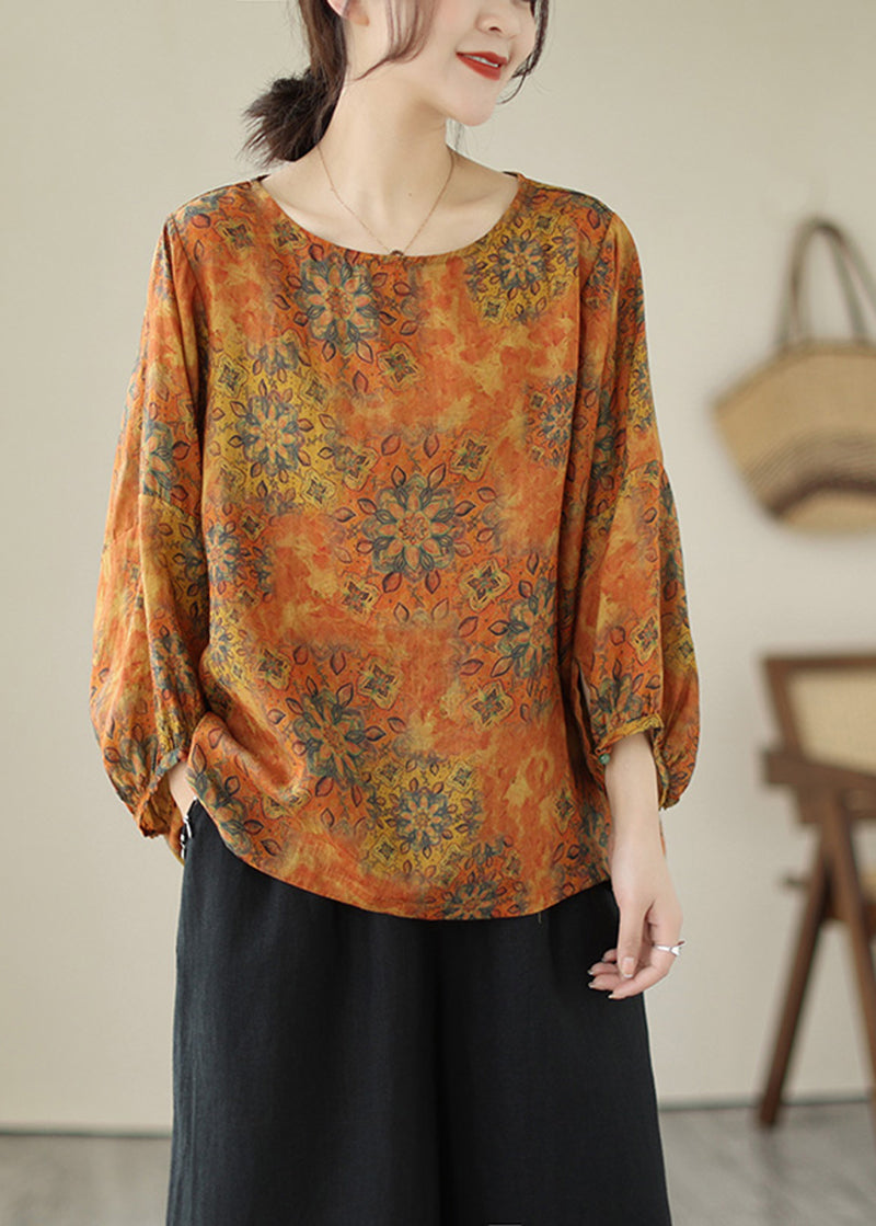 lus Size Orange Oversized Print Cotton Shirt Tops Lantern Sleeve LY5294 - fabuloryshop