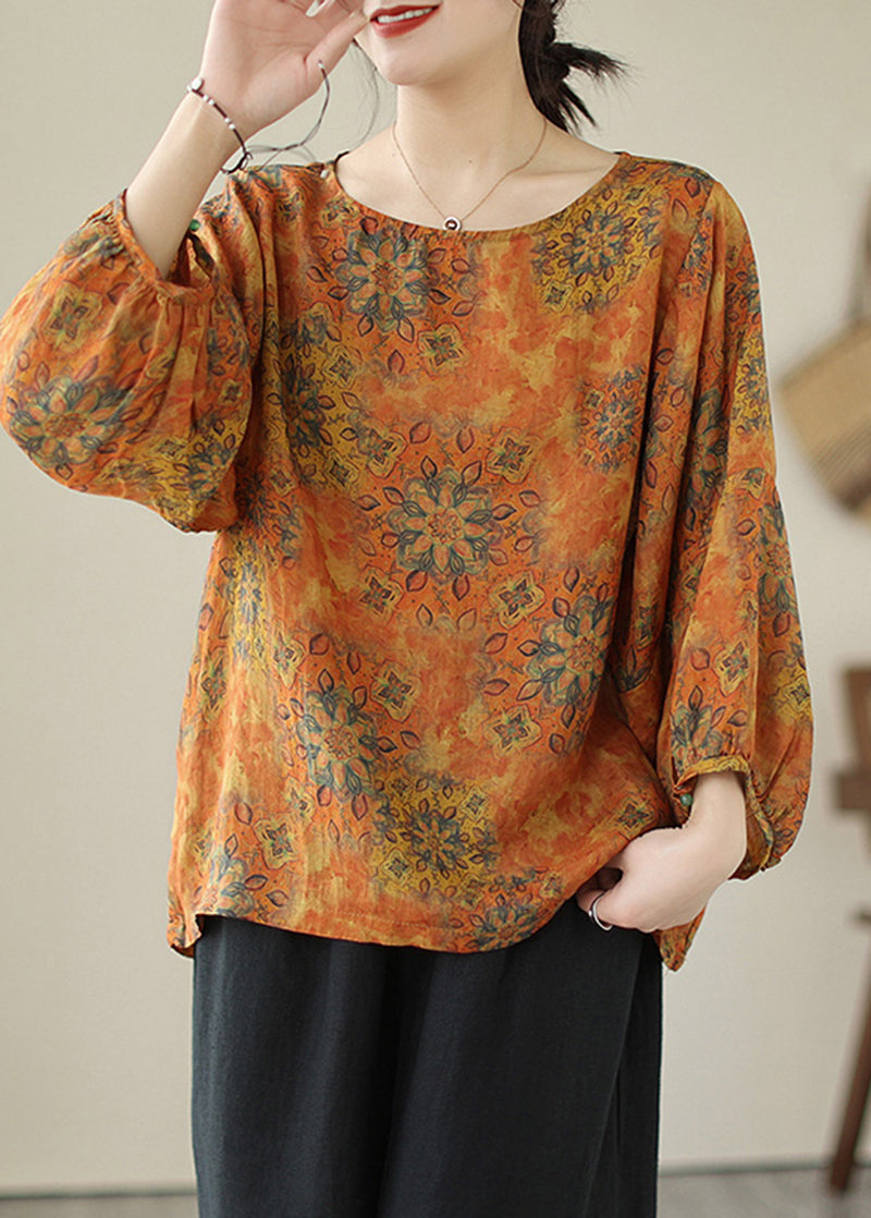 lus Size Orange Oversized Print Cotton Shirt Tops Lantern Sleeve LY5294 - fabuloryshop